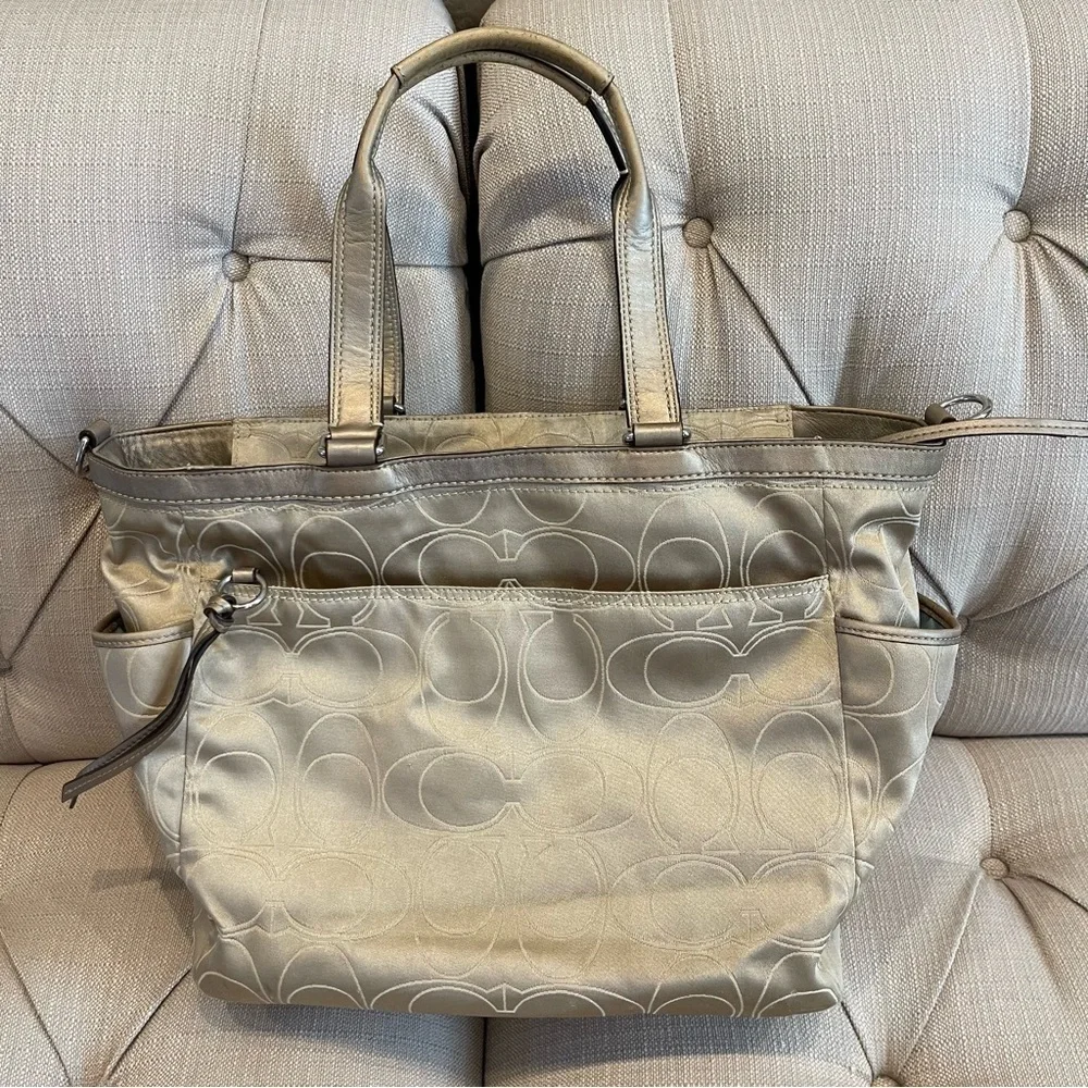 COACH Metallic Gold And Light khaki SIGNATURE Monogram TOTE Diaper Bag No strap
